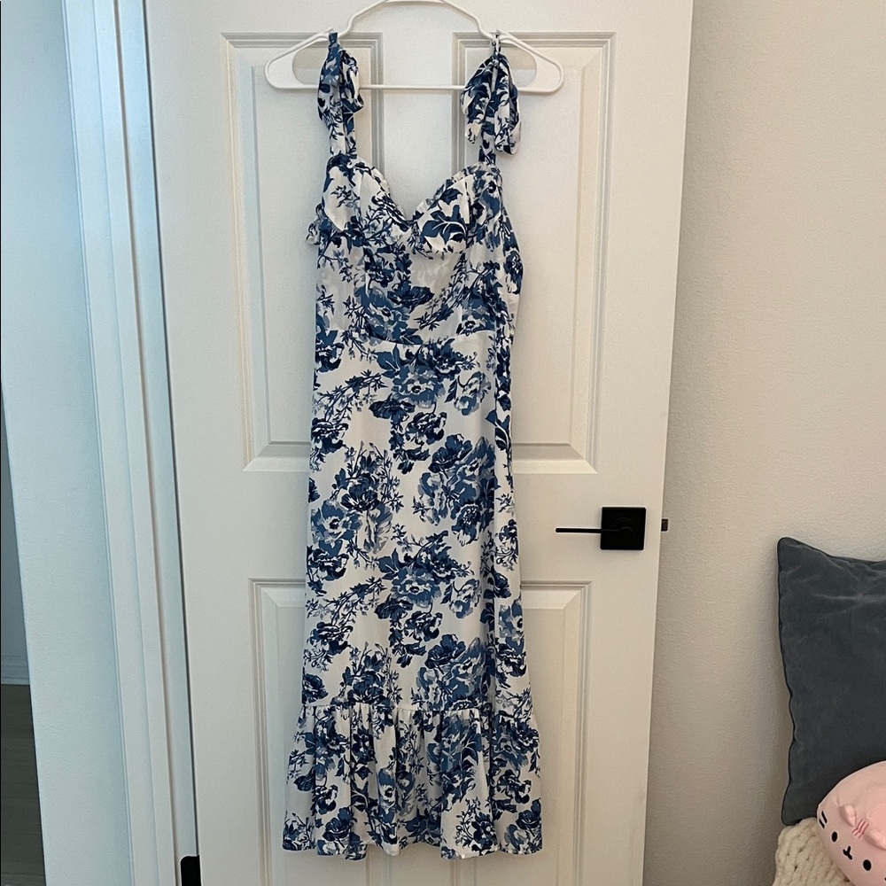 Aqua Blue and White Floral Midi Dress